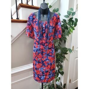 Signature Collection Red & Blue Floral Short Sleeve Knee Length Dress Size L/G